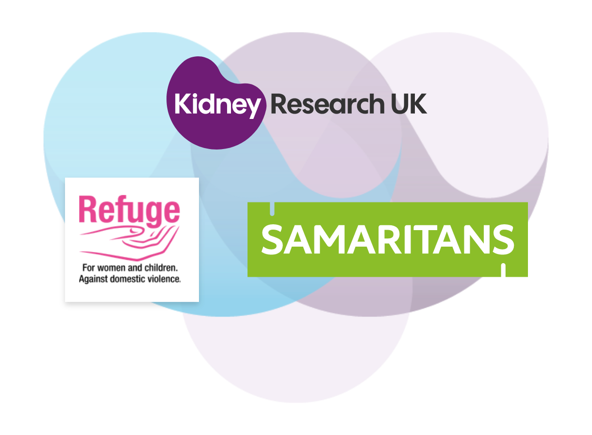 TiB 2.0 partners are Kidney Research UK, Refuge, and Samaritans